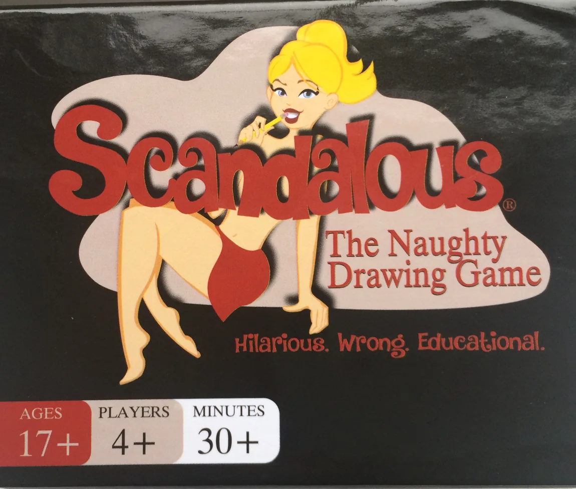 Original Scandalous game box featuring the blonde pinup illustration, red Scandalous logo, and the tagline Hilarious. Wrong. Educational.